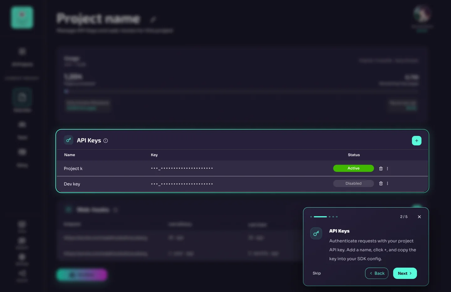 Hi-fi dashboard with the guided tour highlighting API keys