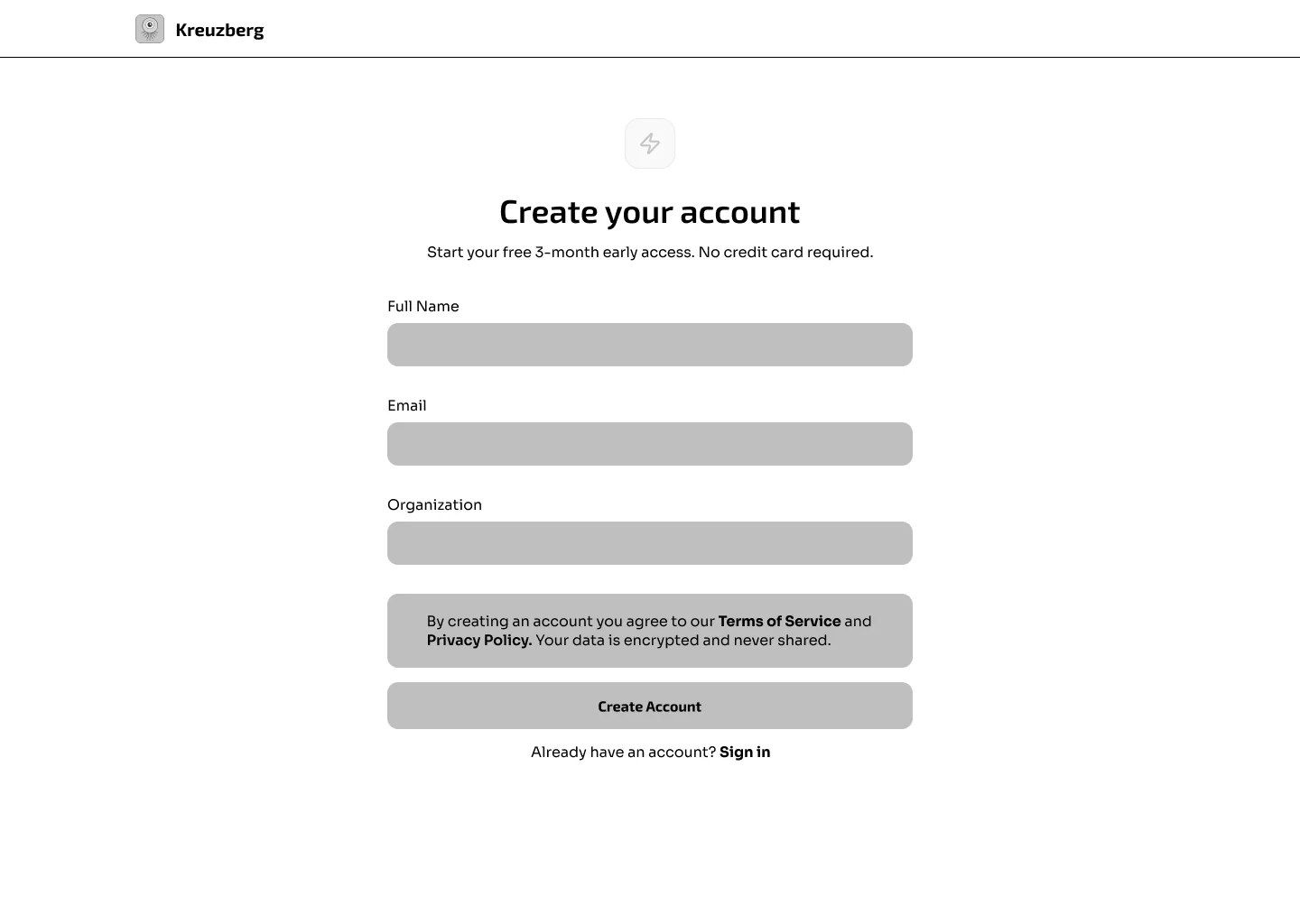 Create your account screen