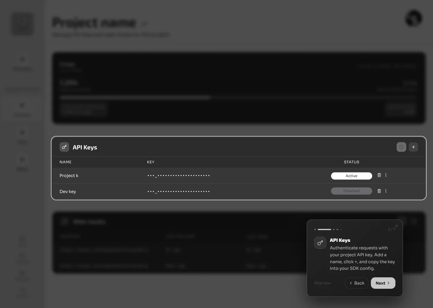 Tour 2/5 · API keys screen