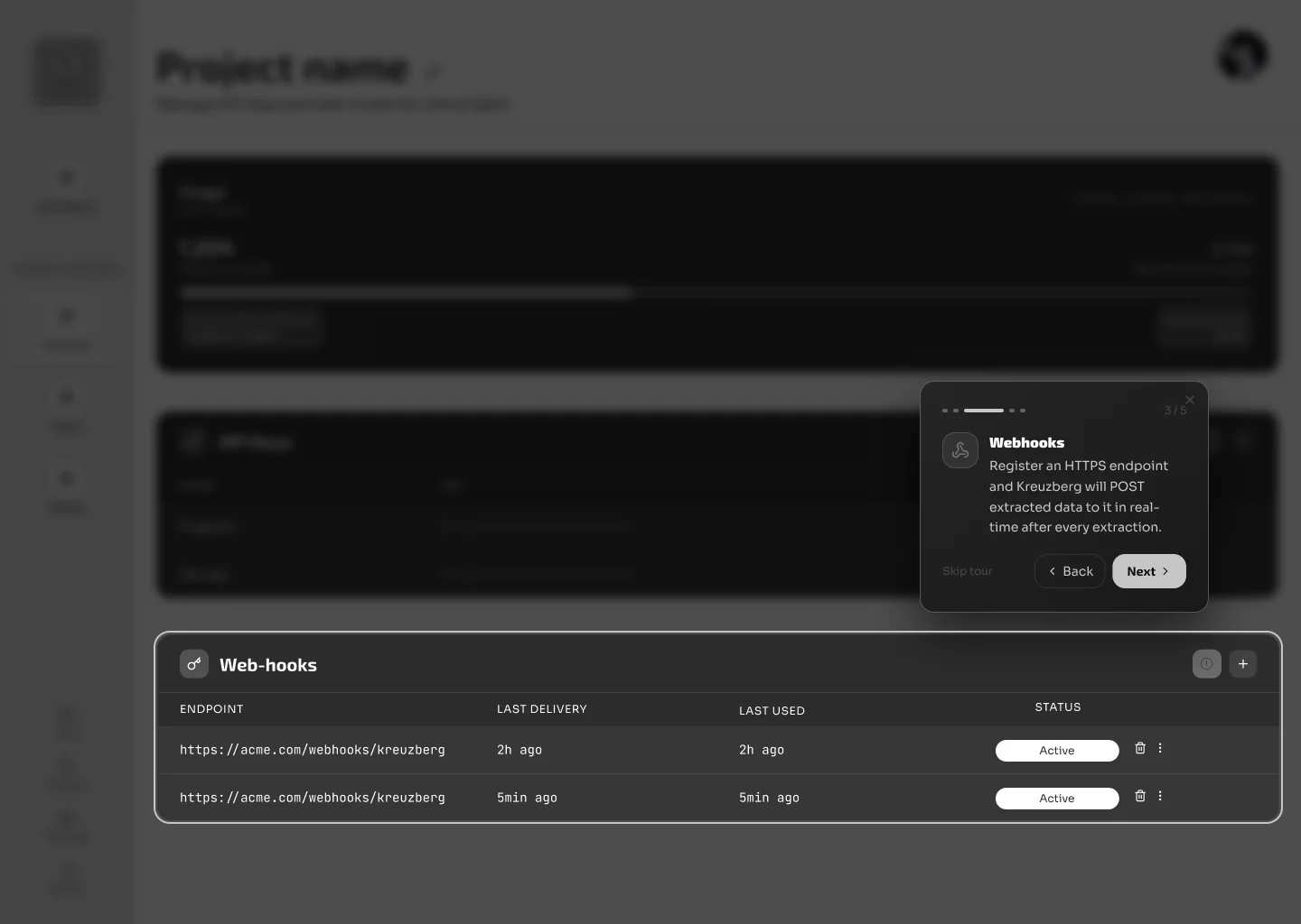 Tour 3/5 · Webhooks screen