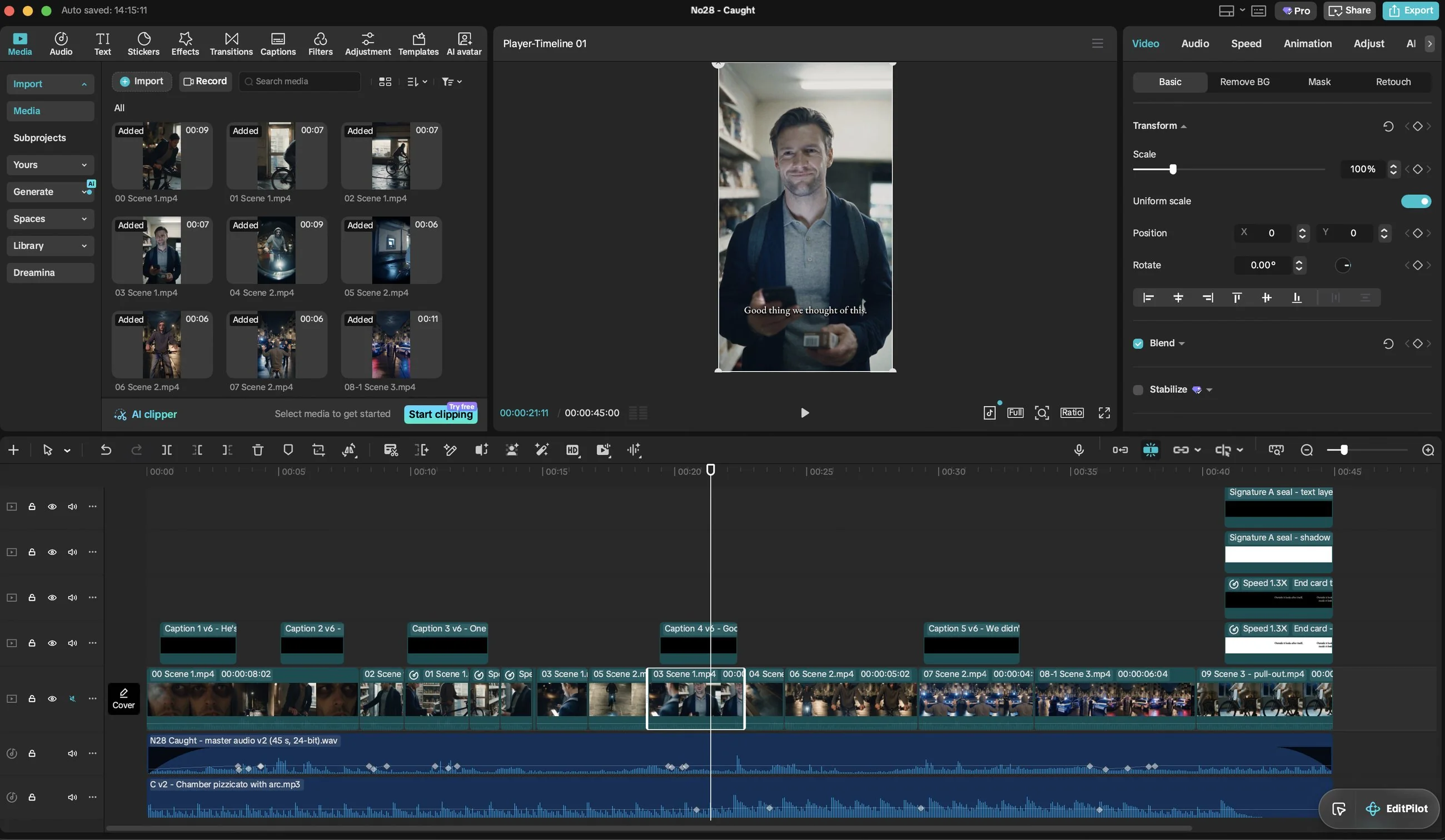 The CapCut timeline of Nº28 Caught: the clips on the main track, five captions and the end card above, the master audio and the score below