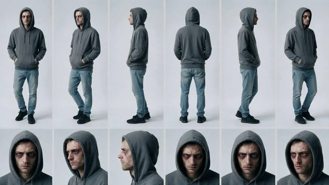 Nº28 Caught: character sheet of the thief, from the AI-generated video ad