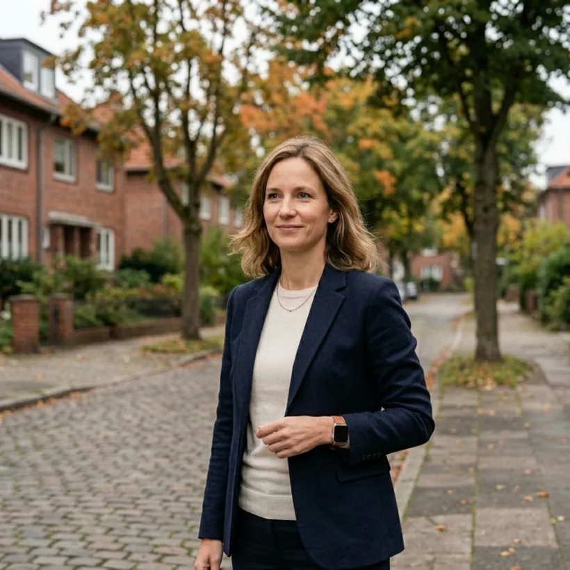 Clarissa Meyer, the persona: a woman in her forties in a navy blazer on a Hamburg street
