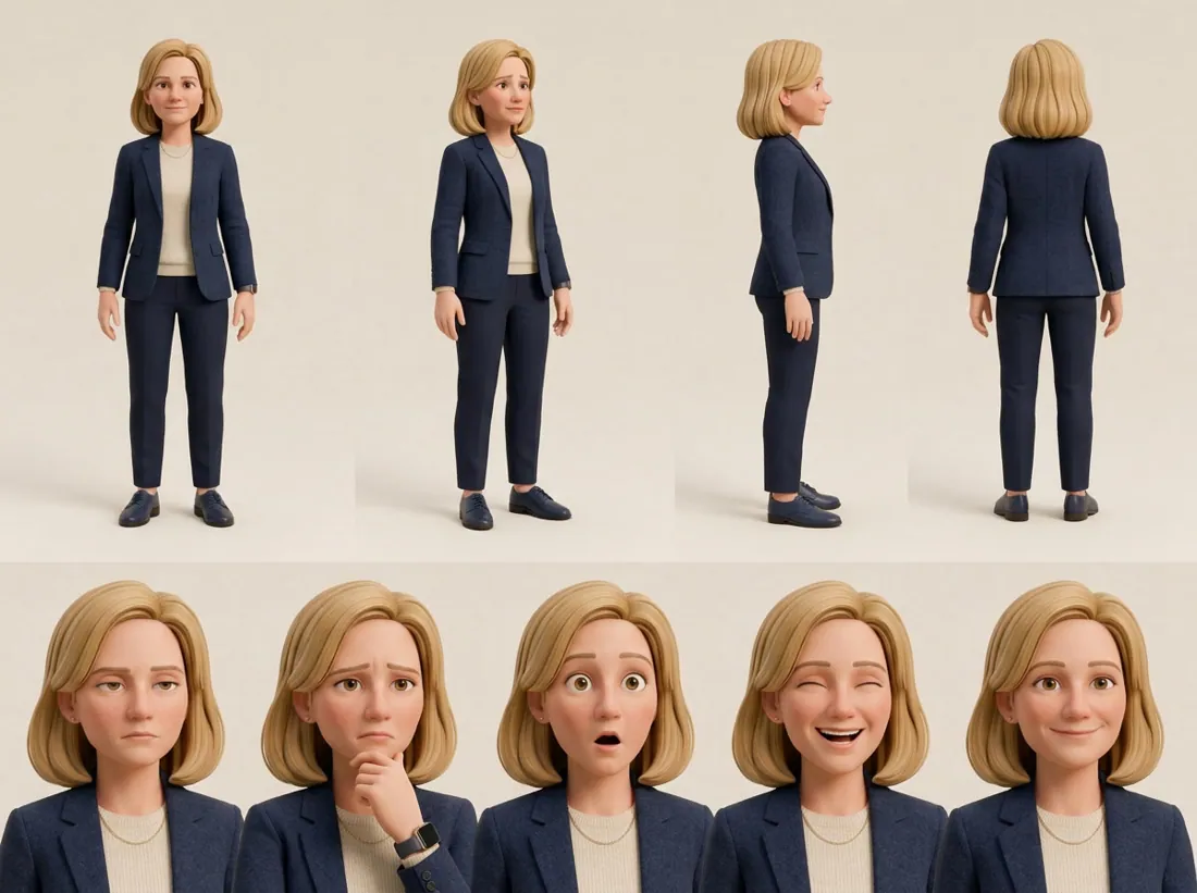 Stylised 3D turnaround sheet of Clarissa with expressions