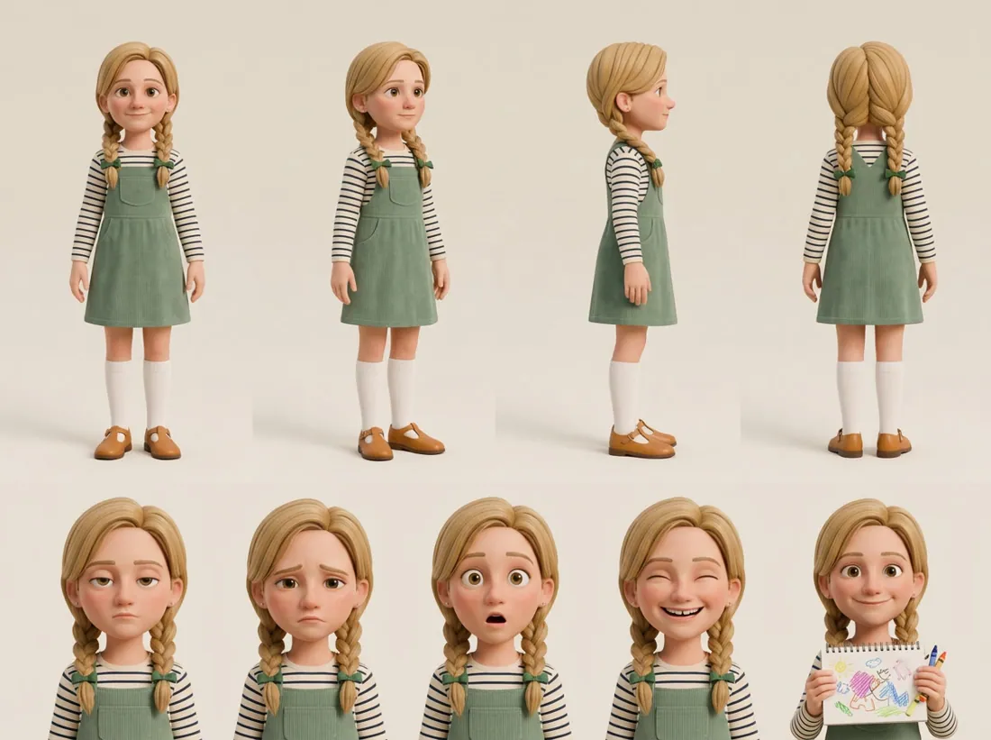 Stylised 3D turnaround sheet of Mia with five expressions